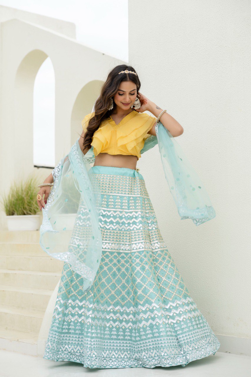 Sky & Yellow Graceful Organza Lehenga Set with Sequins & Foil Embroidery – Semi-Stitched Lehenga, Unstitched Blouse & Net Dupatta ClothsVilla