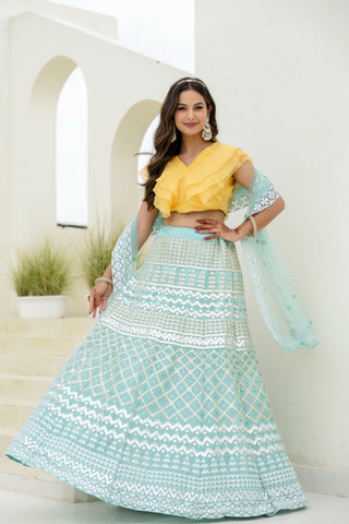 Sky & Yellow Graceful Organza Lehenga Set with Sequins & Foil Embroidery – Semi-Stitched Lehenga, Unstitched Blouse & Net Dupatta ClothsVilla