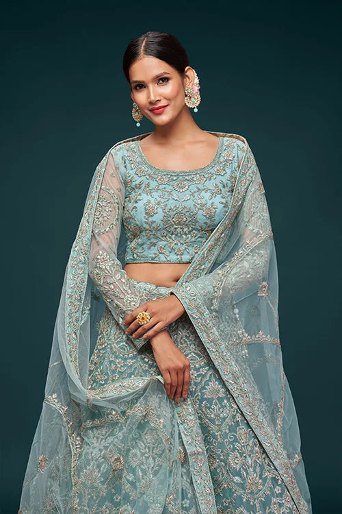 Ocean Aqua Wedding Lehenga Choli – Soft Net Perfection Clothsvilla