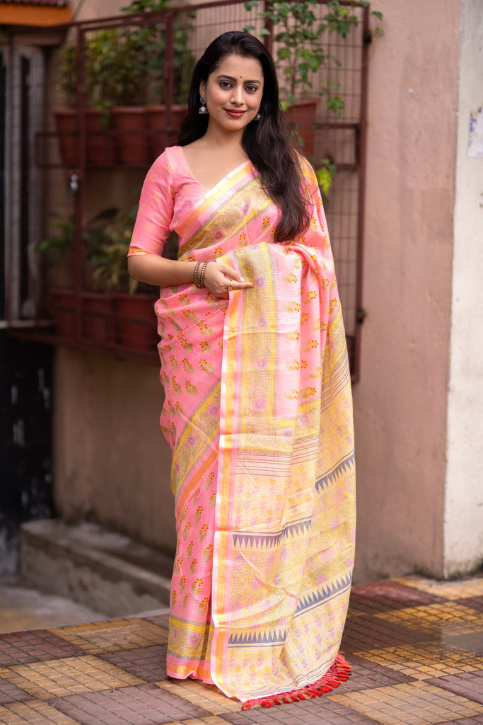 Sophisticated Women's Kota Silk Saree: Opulently Soft, Intricately Printed, and Adorned with a Weaving Pattu Border ClothsVilla