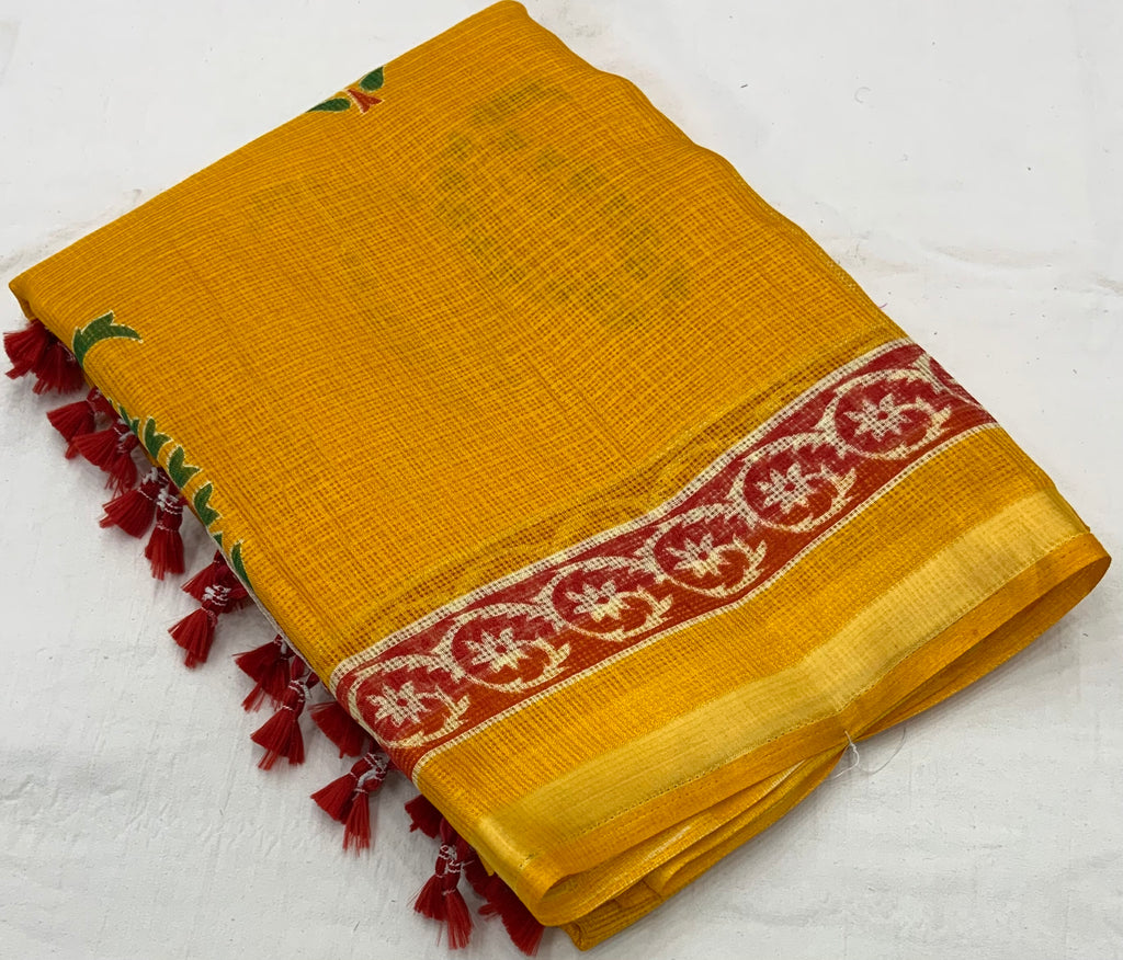 Sophisticated Women's Kota Silk Saree: Soft, Printed, and Enriched with Weaving Pattu Border ClothsVilla
