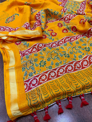 Sophisticated Women's Kota Silk Saree: Soft, Printed, and Enriched with Weaving Pattu Border ClothsVilla