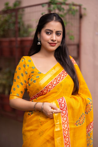 Sophisticated Women's Kota Silk Saree: Soft, Printed, and Enriched with Weaving Pattu Border ClothsVilla