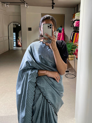 Exquisite Steel Grey Gadhwal Chex Saree with Arca Work and Lucknowi Work Blouse ClothsVilla