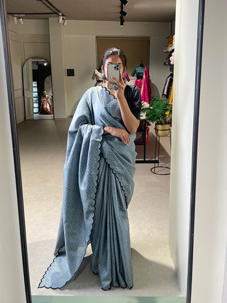 Exquisite Steel Grey Gadhwal Chex Saree with Arca Work and Lucknowi Work Blouse ClothsVilla