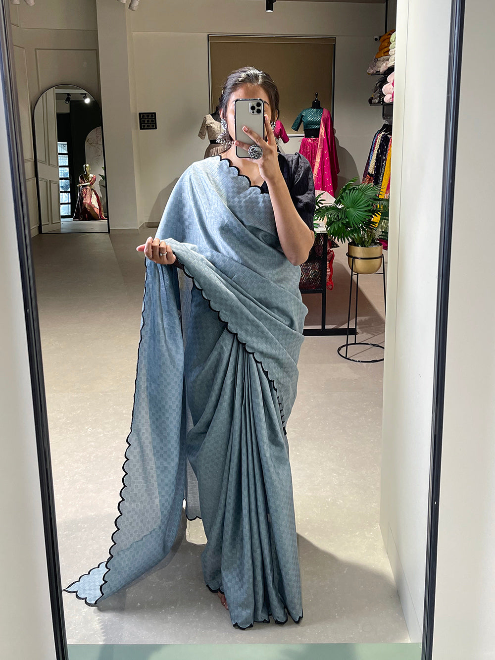 Exquisite Steel Grey Gadhwal Chex Saree with Arca Work and Lucknowi Work Blouse ClothsVilla Main image