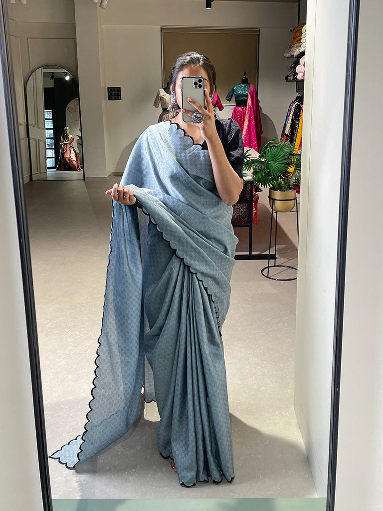 Exquisite Steel Grey Gadhwal Chex Saree with Arca Work and Lucknowi Work Blouse ClothsVilla