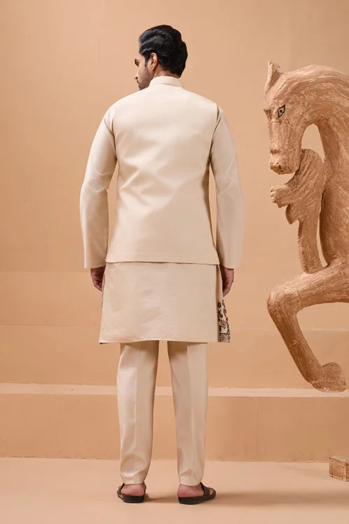 Tendy Beige Wedding Special Koti Kurta Set for Mens Wear Clothsvilla