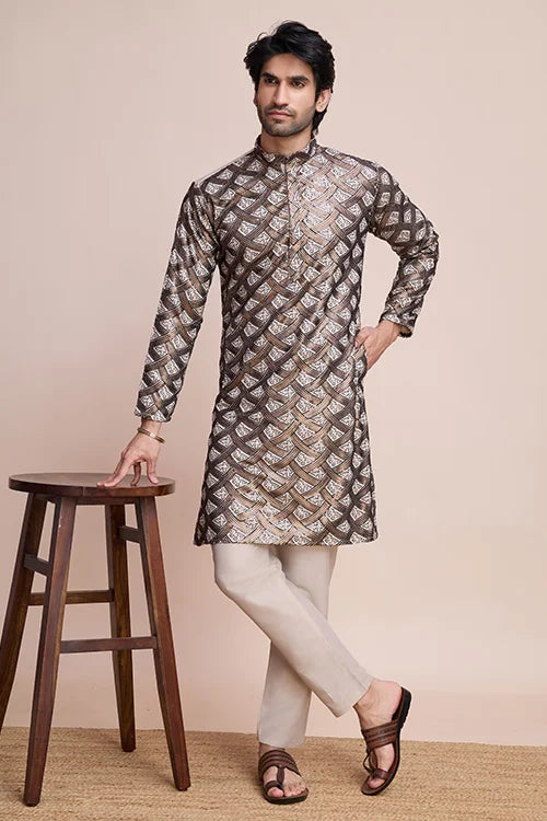 Stylish Beige Men's Kurta with Intricate Thread Detailing Clothsvilla