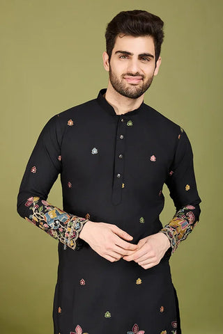 Black Color Cotton Embroidered Work Kurta for Men Clothsvilla
