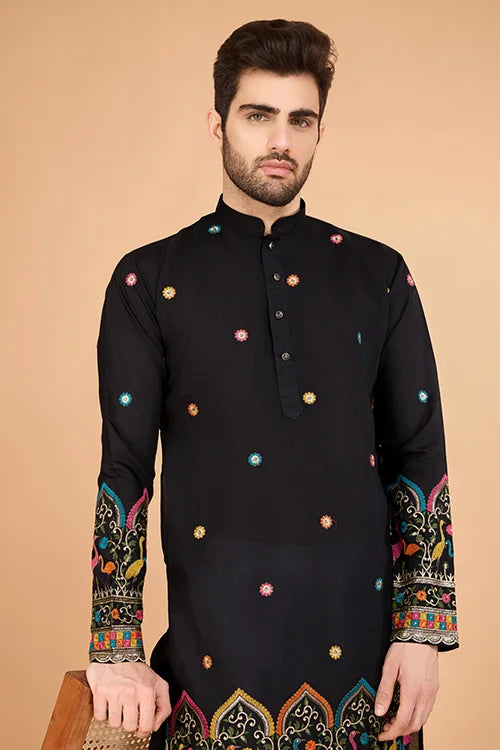 Black Viscose Silk Men's Designer Kurta Clothsvilla