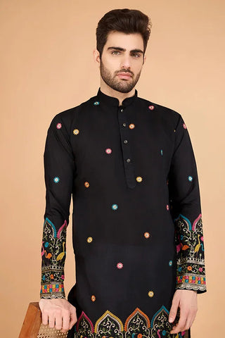Black Viscose Silk Men's Designer Kurta Clothsvilla