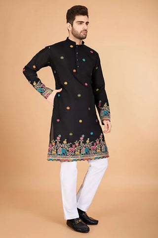 Black Designer Viscose Silk Kurta with Thread Work Clothsvilla