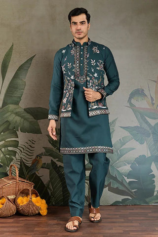 Traditional Green Kurta Pajama with Stylish Open Jacket Clothsvilla