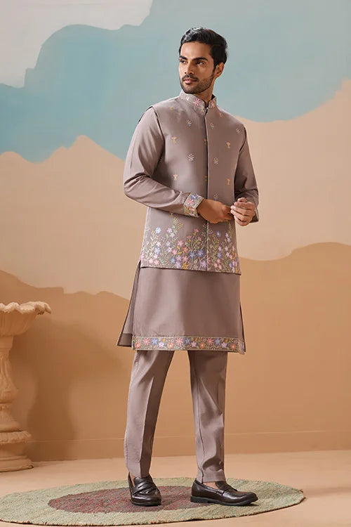 Elegant Grey Embroidered Koti Kurta Pant for Mens Clothsvilla