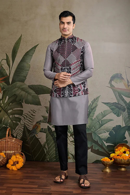 Designer and Stylish Grey Men's Kurta Koti Set for Men Clothsvilla