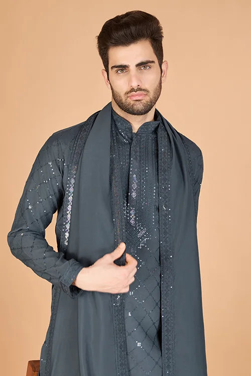 Designer Grey Sequence Embroidered Gents Kurta Clothsvilla