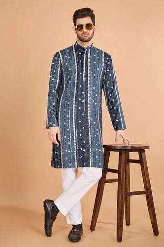 Grey Sequence with Mirror Foil Embroidered Mens Wear Kurta Clothsvilla