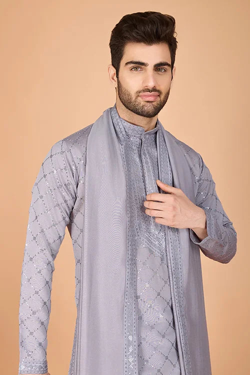 Designer Grey Viscose Silk Men's Kurta – Elegant Wedding Attire Clothsvilla