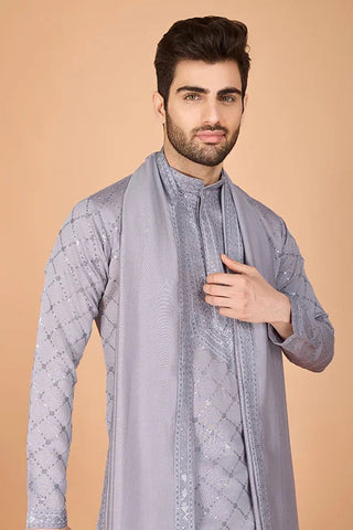 Designer Grey Viscose Silk Men's Kurta – Elegant Wedding Attire Clothsvilla