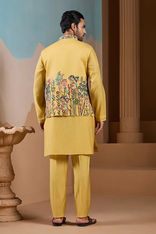 Haldi Ceremony Yellow Embroidered Koti Kurta Set for Mens Clothsvilla
