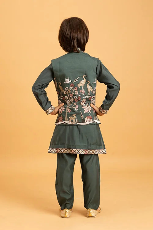 Party & Wedding Special Stylish Green Koti Kurta Set for Kids Clothsvilla