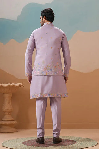Trendy Lavender Wedding Celebration Beige Kurta Koti Pant Mens Clothsvilla