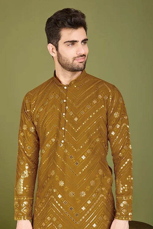 Yellow Viscose Rayon Men's Kurta with Thread Seque