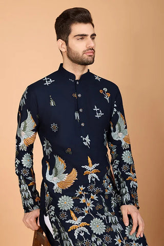 Navy Viscose Rayon Designer Men's Kurta Online Clothsvilla