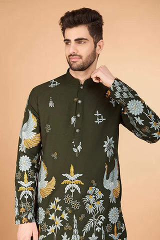 Olive Viscose Rayon Designer Men's Kurta for Festive Clothsvilla