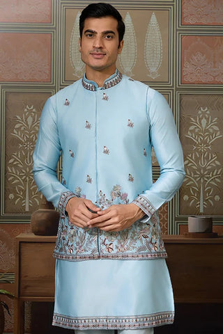 Sky Blue Embroidered Silk Koti Kurta Set for Mens Clothsvilla