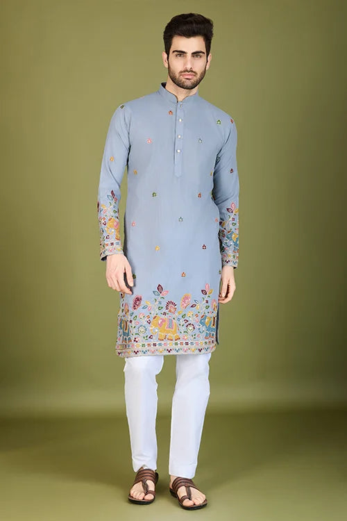 Sky Color Thread with Embroidered Cotton Gents Kurta Clothsvilla