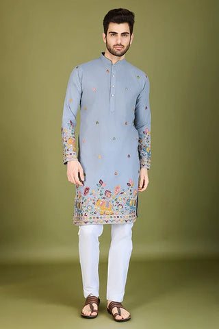 Sky Color Thread with Embroidered Cotton Gents Kurta Clothsvilla