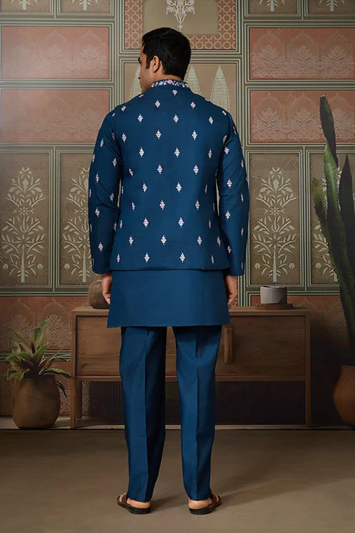 Modern Teal Blue Open Koti Kurta Set for Men Clothsvilla