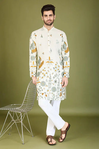 White Viscose Rayon Designer Kurta for Men Clothsvilla