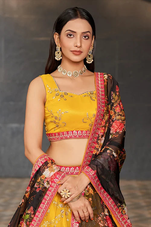 Sweet Yellow-Black Sequins Thread Work Bridal Lehenga Choli With Dupatta Clothsvilla