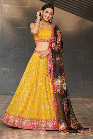 Sweet Yellow-Black Sequins Thread Work Bridal Lehenga Choli With Dupatta Clothsvilla