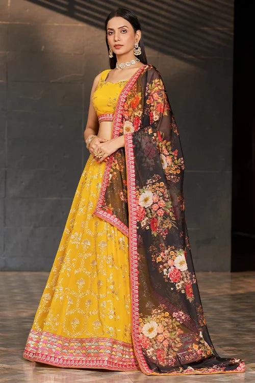 Sweet Yellow-Black Sequins Thread Work Bridal Lehenga Choli With Dupatta Clothsvilla
