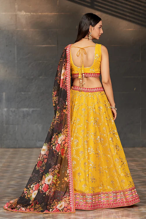 Sweet Yellow-Black Sequins Thread Work Bridal Lehenga Choli With Dupatta Clothsvilla