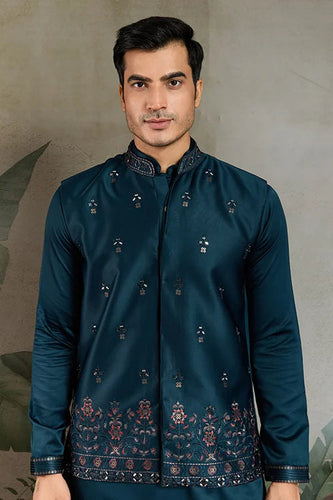 Teal Blue Embroidered Kurta Koti Set for Men Clothsvilla