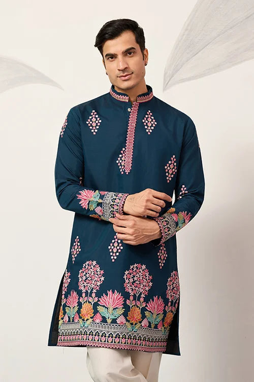 Indian Wedding Style Exclusive Teal Blue Kurta for Mens Clothsvilla