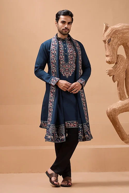 Elegant Teal Blue Kurta with Dupatta for Mens Wear Clothsvilla