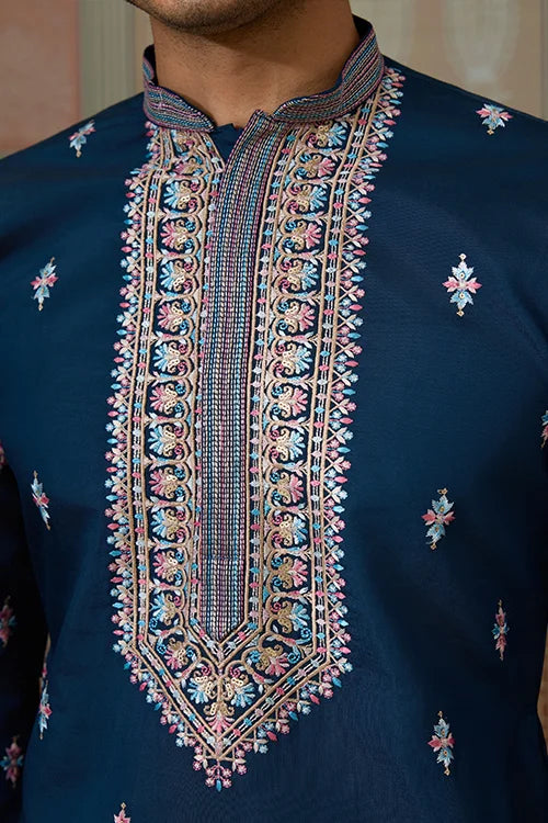 Modern Teal Blue Open Koti Kurta Set for Men Clothsvilla