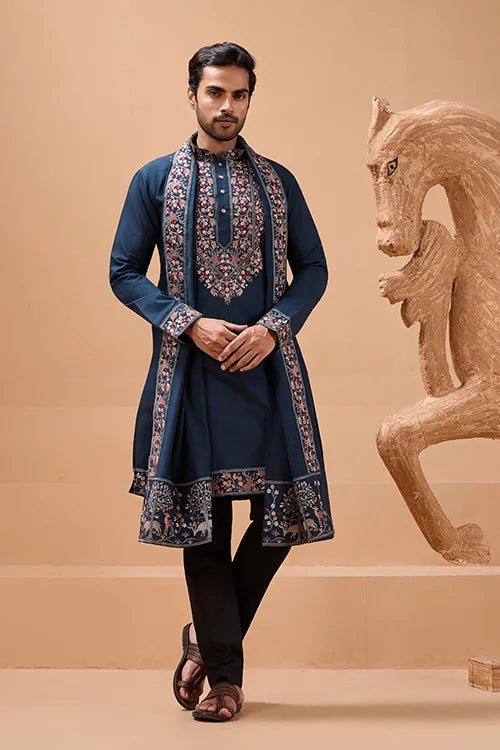 Elegant Teal Blue Kurta with Dupatta for Mens Wear Clothsvilla