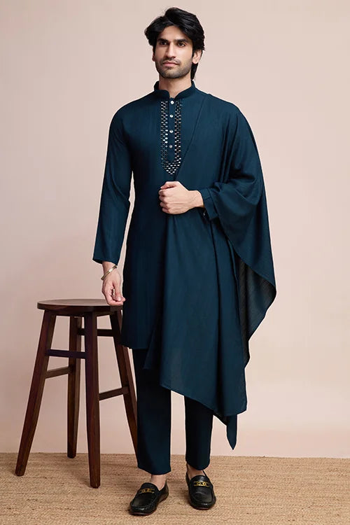 Teal Blue Kurta Set for Men with Mirror Work Design Clothsvilla