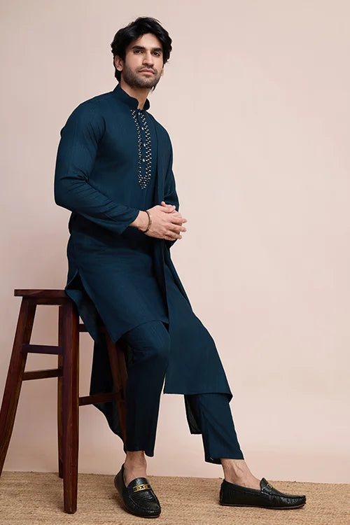 Teal Blue Kurta Set for Men with Mirror Work Design Clothsvilla