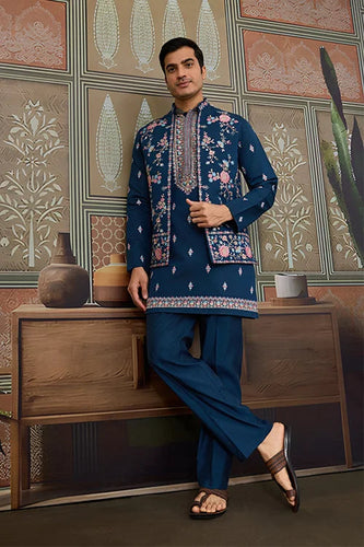 Modern Teal Blue Open Koti Kurta Set for Men Clothsvilla