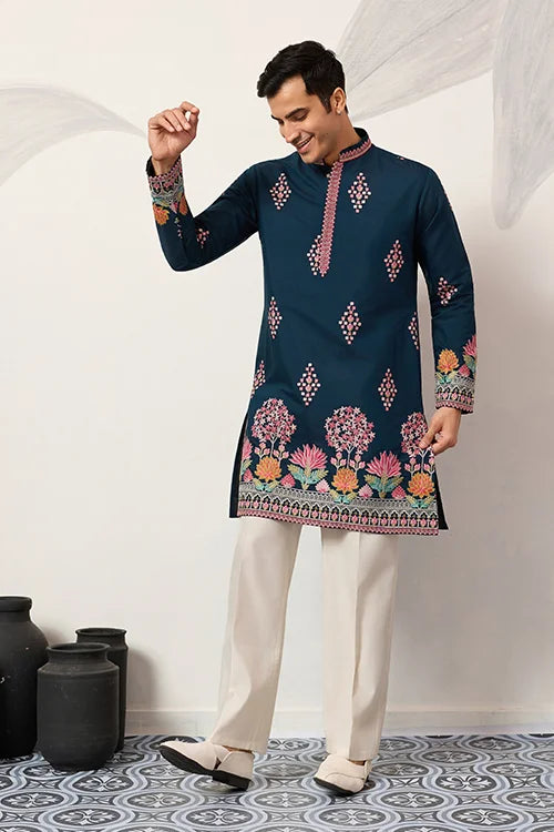 Indian Wedding Style Exclusive Teal Blue Kurta for Mens Clothsvilla