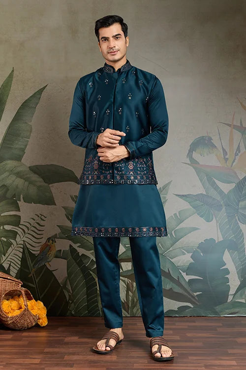 Teal Blue Embroidered Kurta Koti Set for Men Clothsvilla