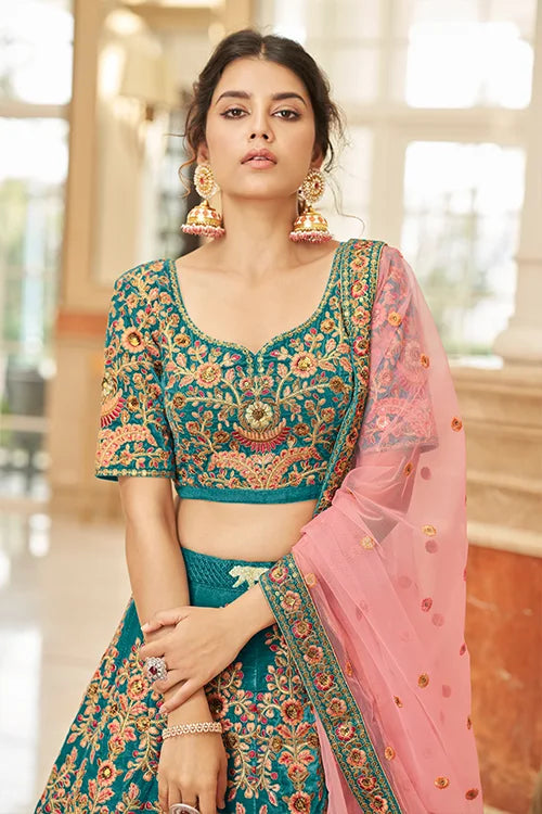 Designer Teal Velvet Lehenga with Soft Net Dupatta Clothsvilla